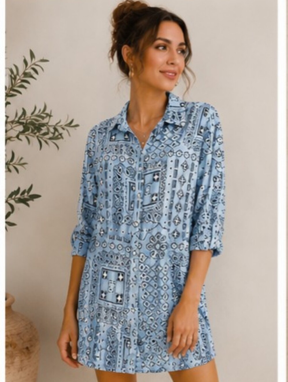 Rachel Zoe Light Blue Bandana-Print Shirt Mini Dress
